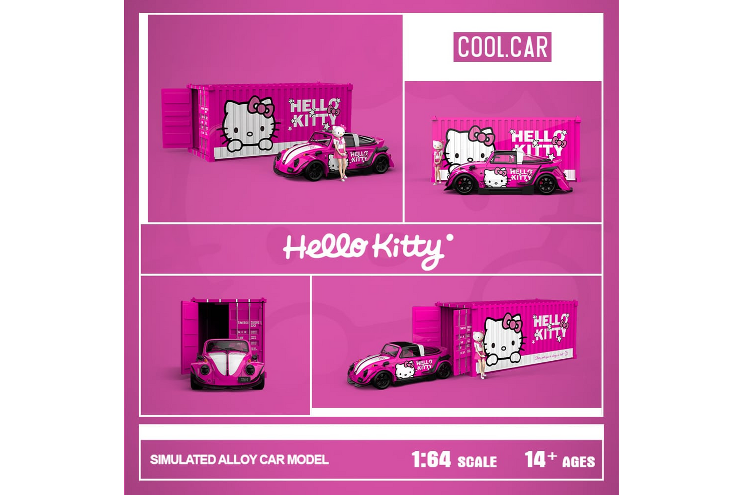 Cool Car 1/64 RWB Volkswagen Beetle Targa Container Set in Hello Kitty Pink