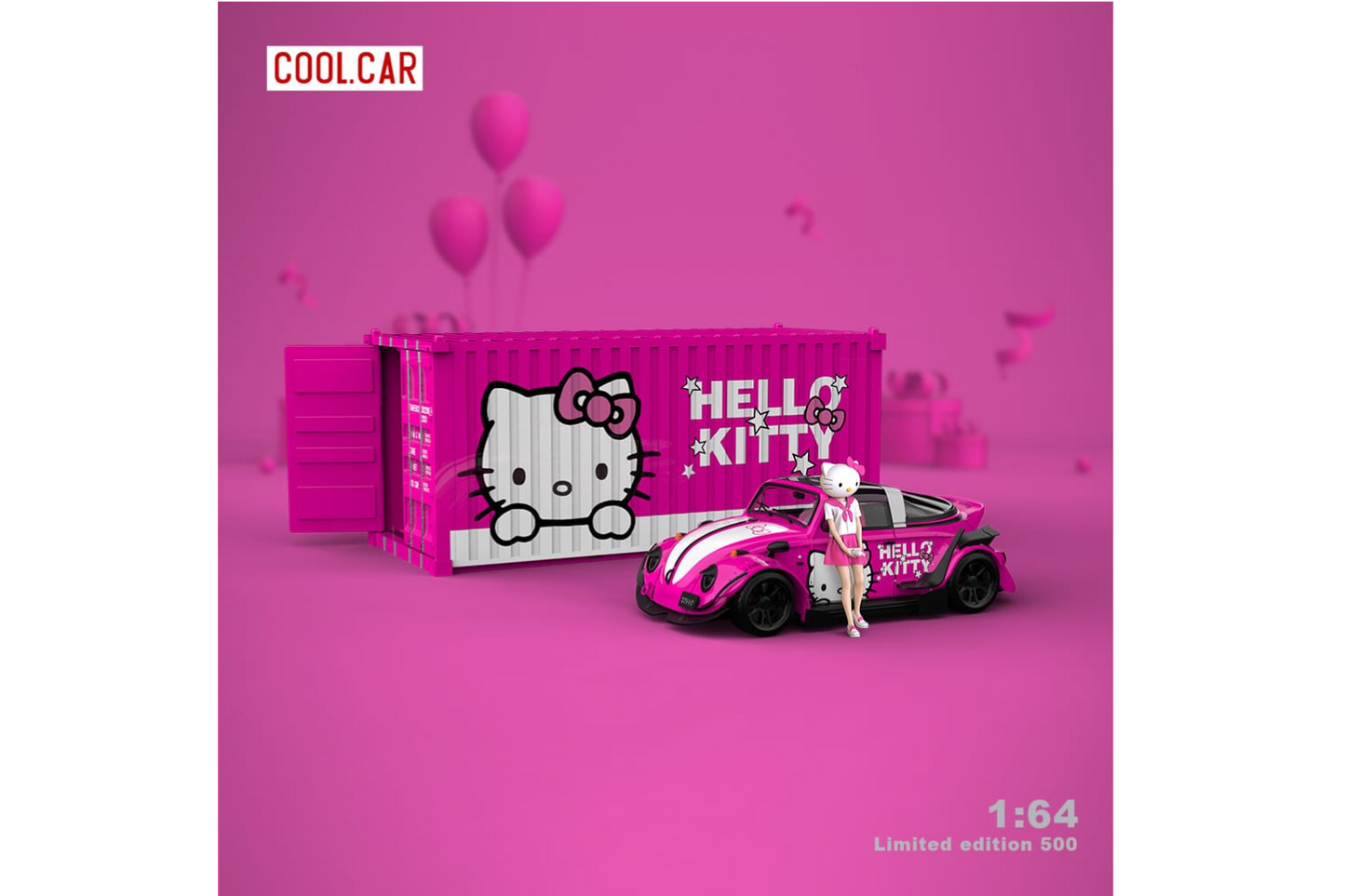 Cool Car 1/64 RWB Volkswagen Beetle Targa Container Set in Hello Kitty Pink