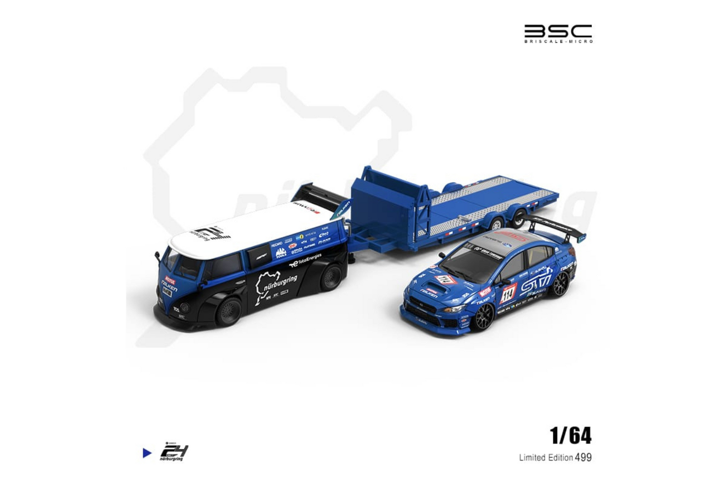 BSC 1/64 Subaru WRX STI - VW T1 Modified - Trailer & Repairmen Set in Subaru Event Livery