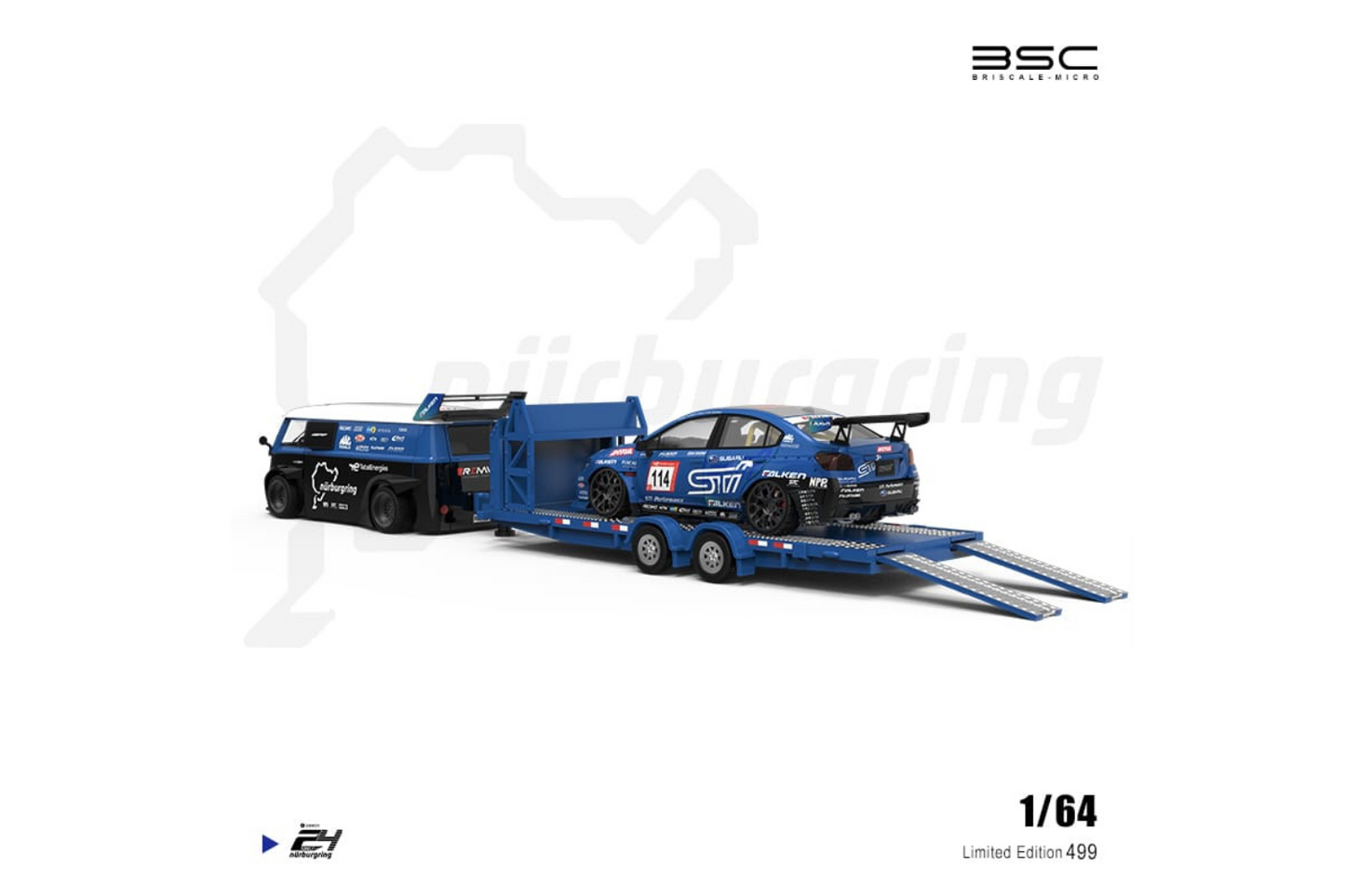 BSC 1/64 Subaru WRX STI - VW T1 Modified - Trailer & Repairmen Set in Subaru Event Livery