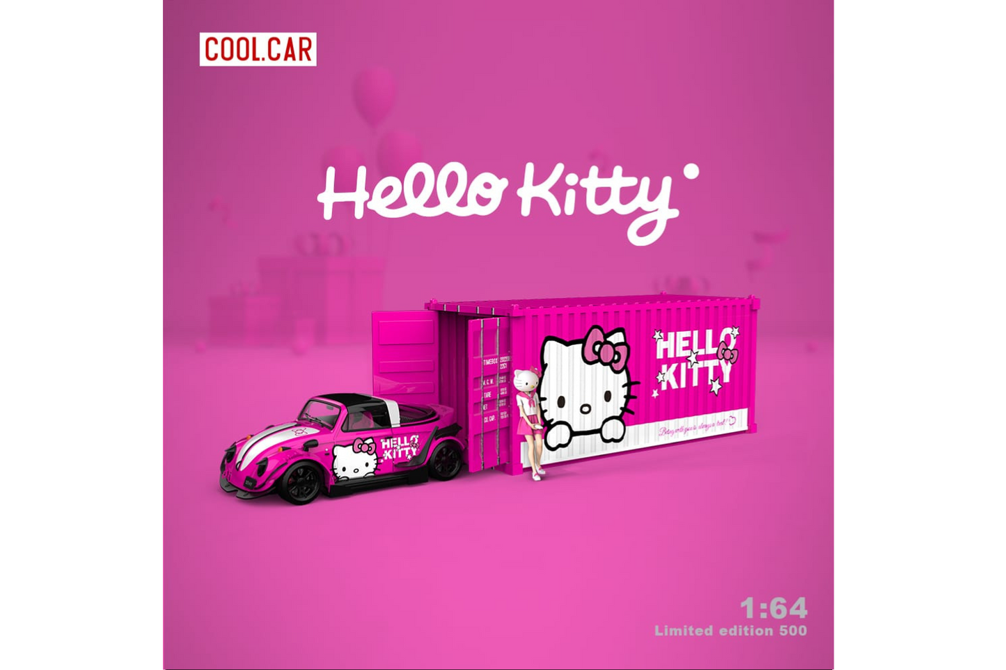 Cool Car 1/64 RWB Volkswagen Beetle Targa Container Set in Hello Kitty Pink