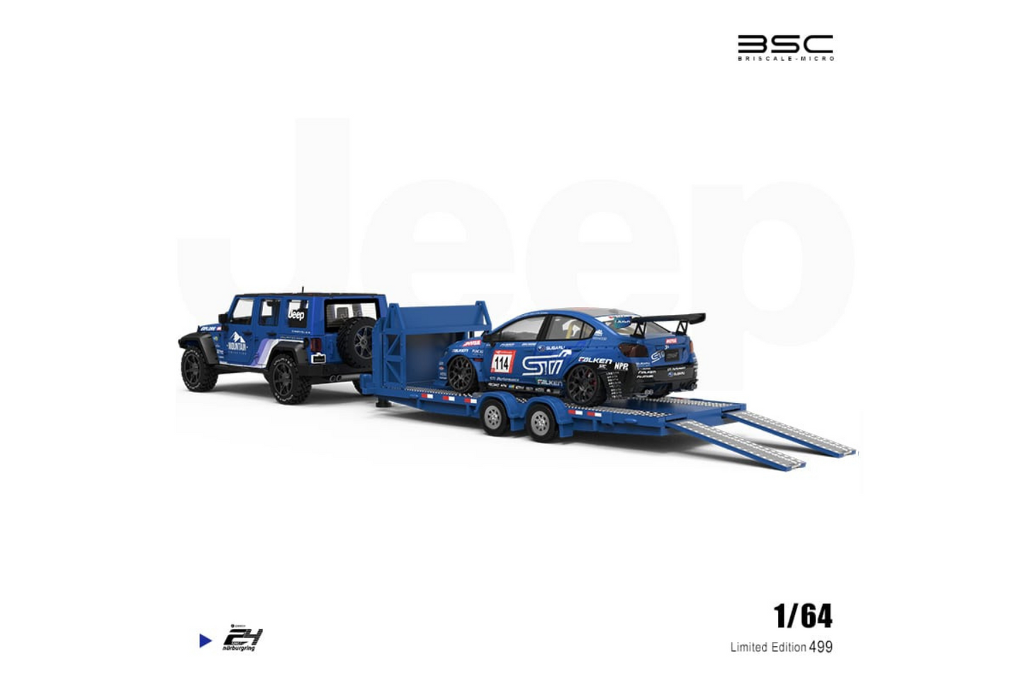 BSC 1/64 Subaru WRX STI - Jeep Wrangler - Trailer & Repairmen Set in Subaru Event Livery