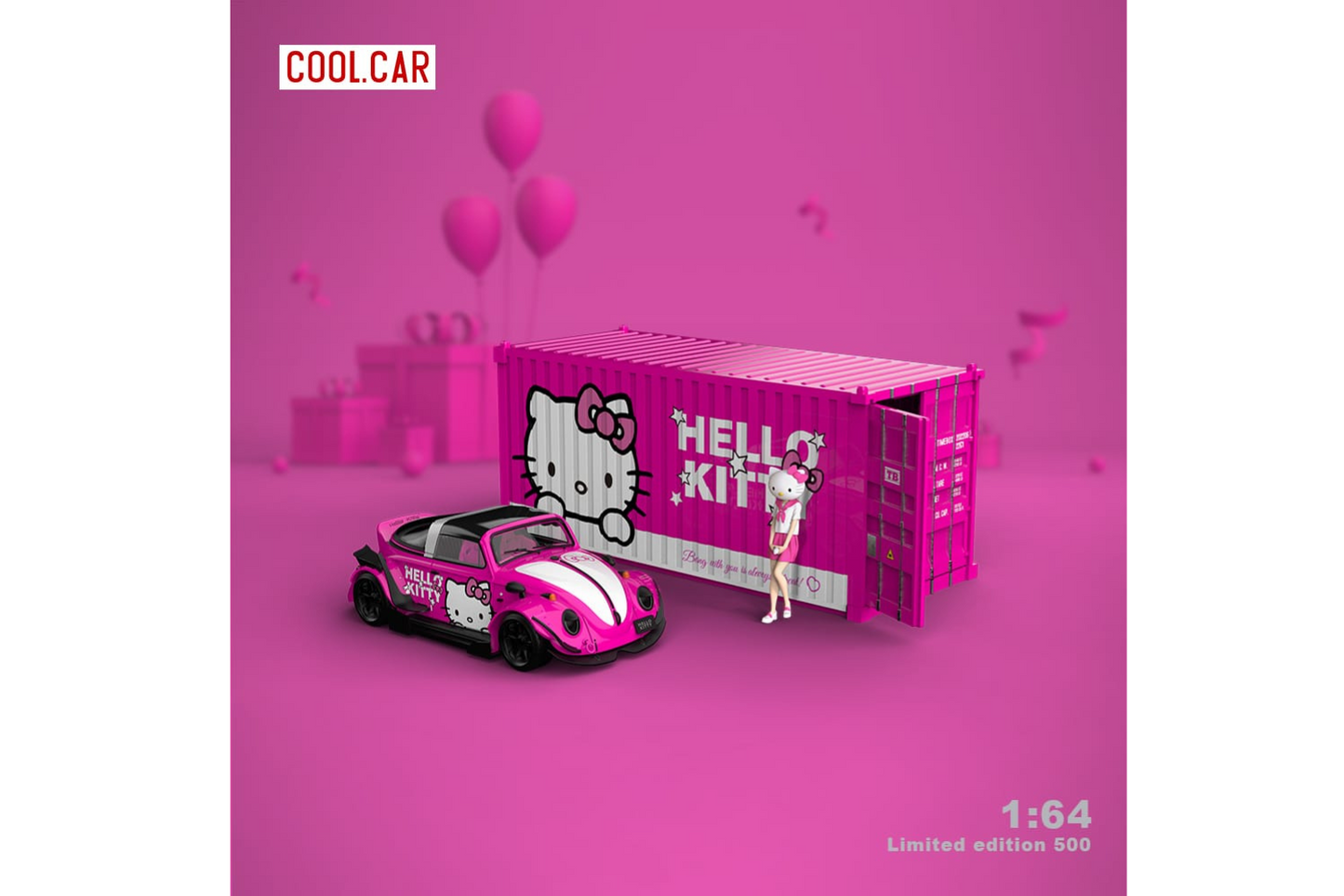 Cool Car 1/64 RWB Volkswagen Beetle Targa Container Set in Hello Kitty Pink