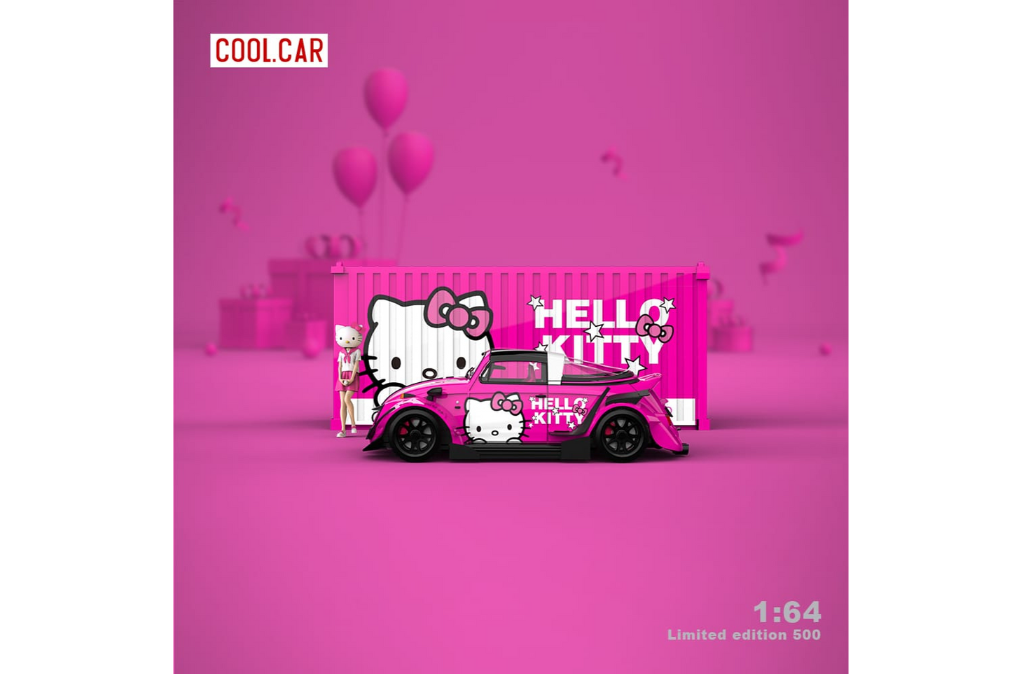 Cool Car 1/64 RWB Volkswagen Beetle Targa Container Set in Hello Kitty Pink