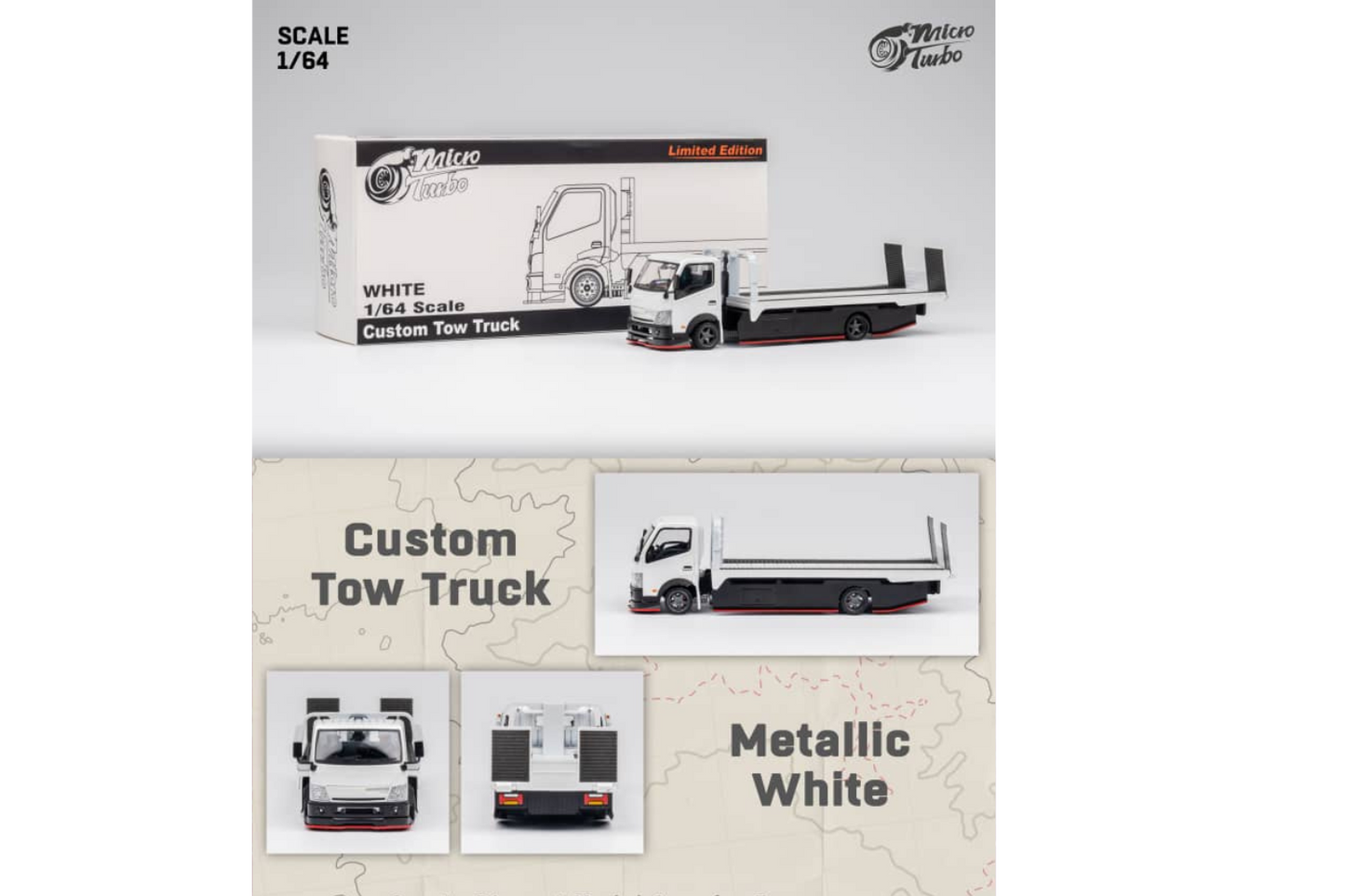 Micro Turbo 1/64 Hino Flat Bed in Metallic White