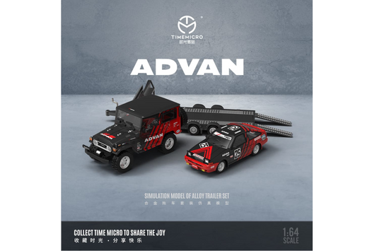 Time Micro 1/64 Toyota Sprinter Trueno (AE86)  & Toyota Land Cruiser (FJ40) Trailer Set in Advan Livery