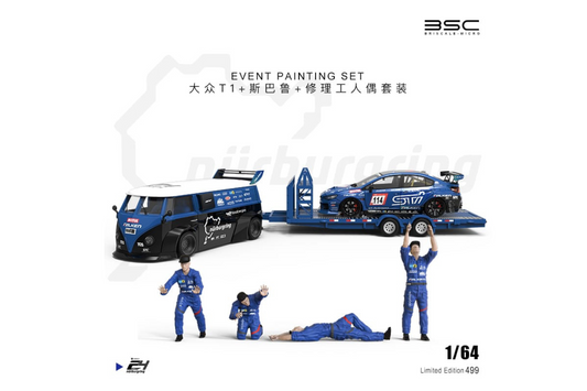 BSC 1/64 Subaru WRX STI - VW T1 Modified - Trailer & Repairmen Set in Subaru Event Livery