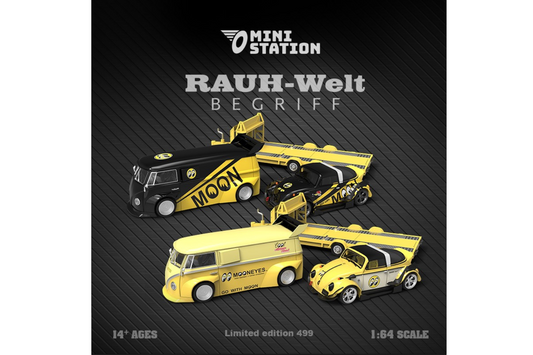 Mini Station 1/64 RWB VW T1 Van and RWB VW Beetle Targa Trailer Set in Mooneyes Livery