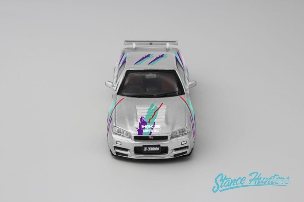 Stance Hunters x ArtWork 1/64 Nissan Skyline GT-R (R34) Nismo Z-Tune in Silver HKS Livery