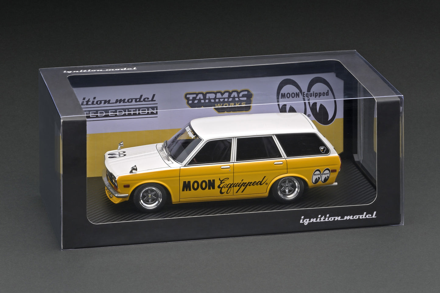 Ignition Model x Tarmac x Mooneyes 1/18 Datsun Bluebird (510) Wagon in Yellow and White