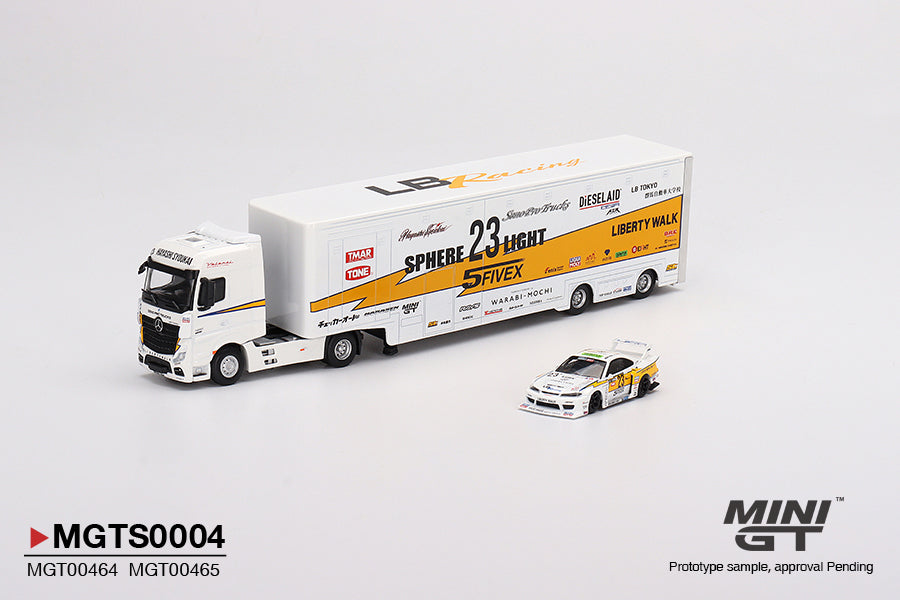 Mini GT LB Racing Transporter Set - Mercedes-Benz Actros Racing Transporter  With LB-Super Silhouette Nissan Silvia S15 Presentation