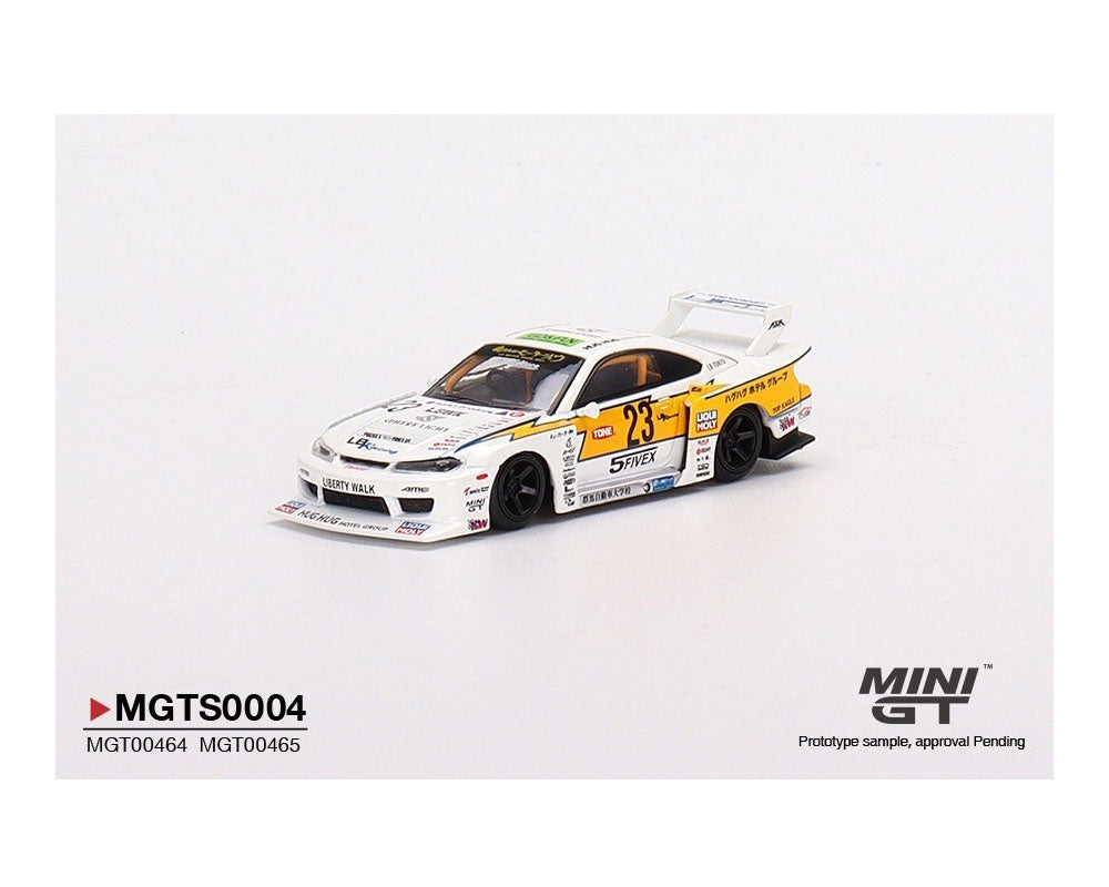 Mini GT LB Racing Transporter Set - Mercedes-Benz Actros Racing Transporter With LB-Super Silhouette Nissan Silvia S15 Presentation