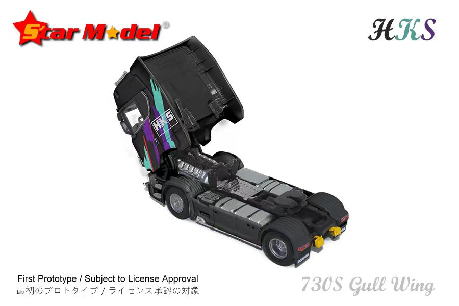 Star Model 1/64 Scania V8 730S Double Decker Gullwing Transporter Loader in HKS Livery