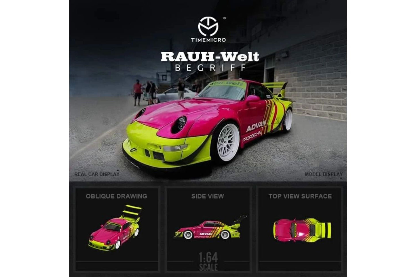 Time Micro 1/64 Porsche 911 RWB993 in Advan Pink/ Acid Green
