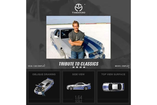 Time Micro 1/64 Nissan Skyline GT-R (R34) "Tribute to Classics"- Fast & Furious in Silver