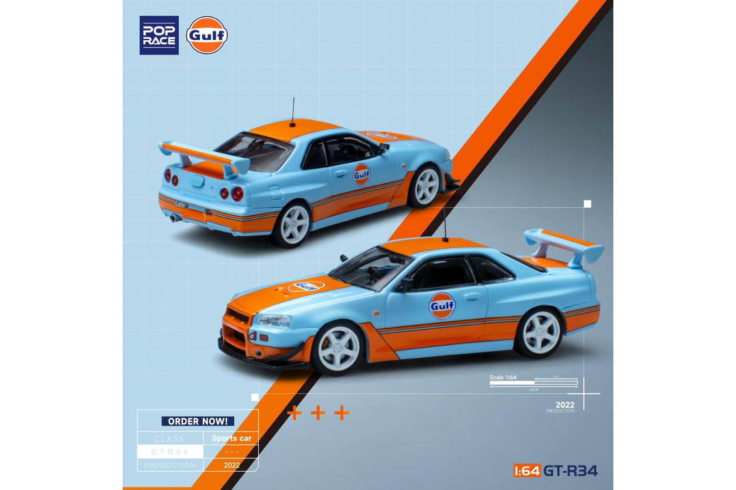 Pop Race 1/64 Nissan Skyline GT-R (R34) in Gulf Racing Livery