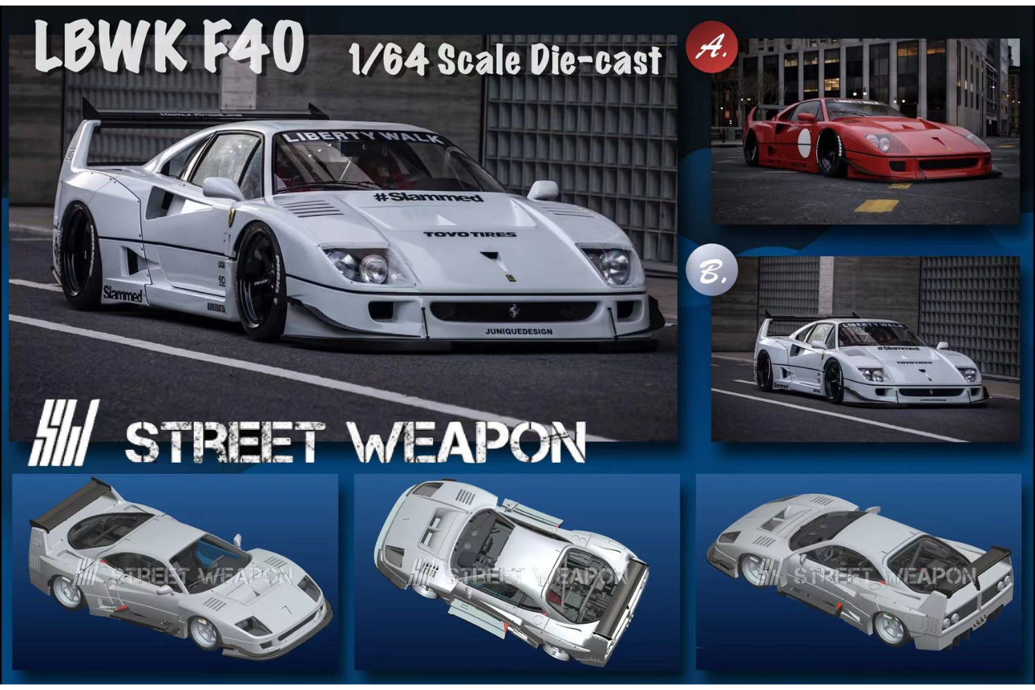Street Weapon 1/64 LBWK Ferrari F40 in White – Rocketbox Diecast Street Weapon 1/64 LBWK Ferrari F40 in White – Rocketbox Diecast