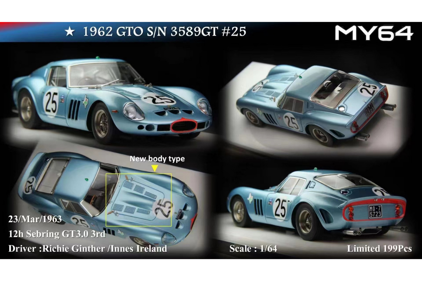 MY64 1/64 Ferrari GTO 3589GT in Glacier Blue #25