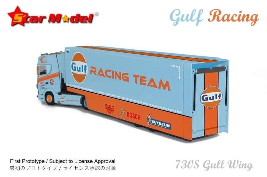 Star Model 1/64 Scania V8 730S Double Decker Gullwing Transporter Loader in Gulf Livery