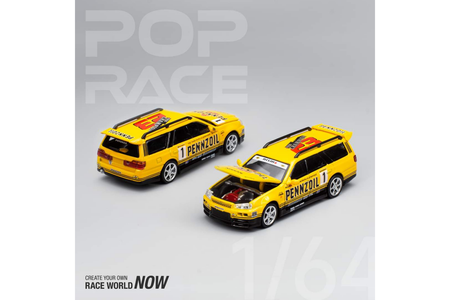 Pop Race 1/64 Nissan Stagea GT-R (R34) Wagon in Pennzoil Yellow Livery