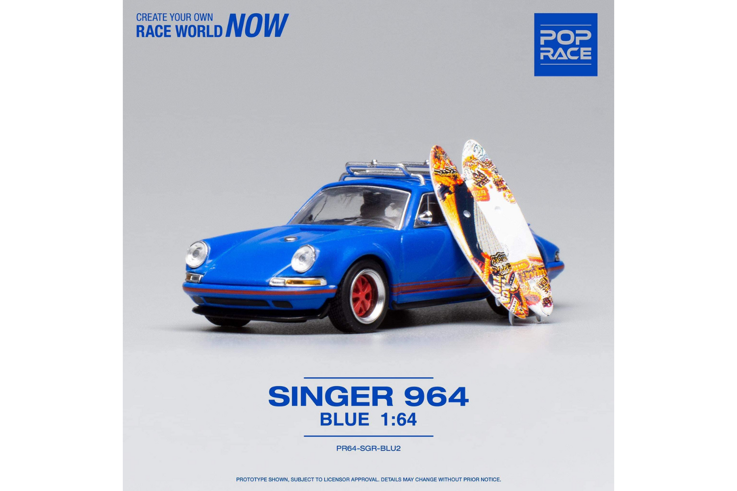 Pop Race 1/64 Singer Porsche 911 (964) in Blue with Roof Rack and Surf Boards