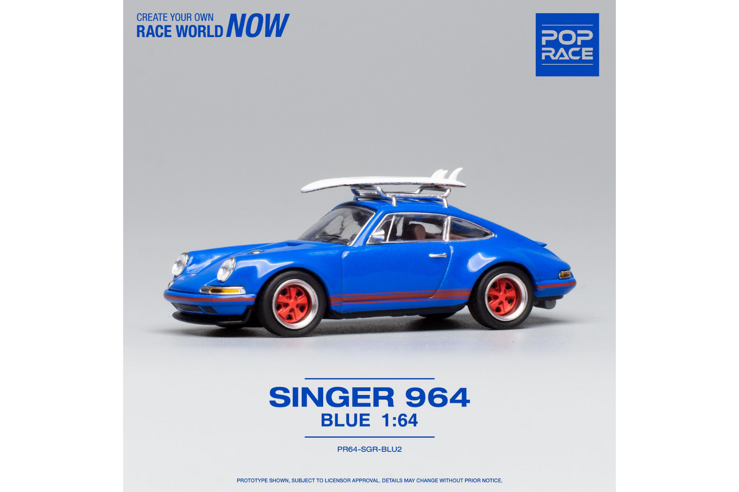 Pop Race 1/64 Singer Porsche 911 (964) in Blue with Roof Rack and Surf Boards