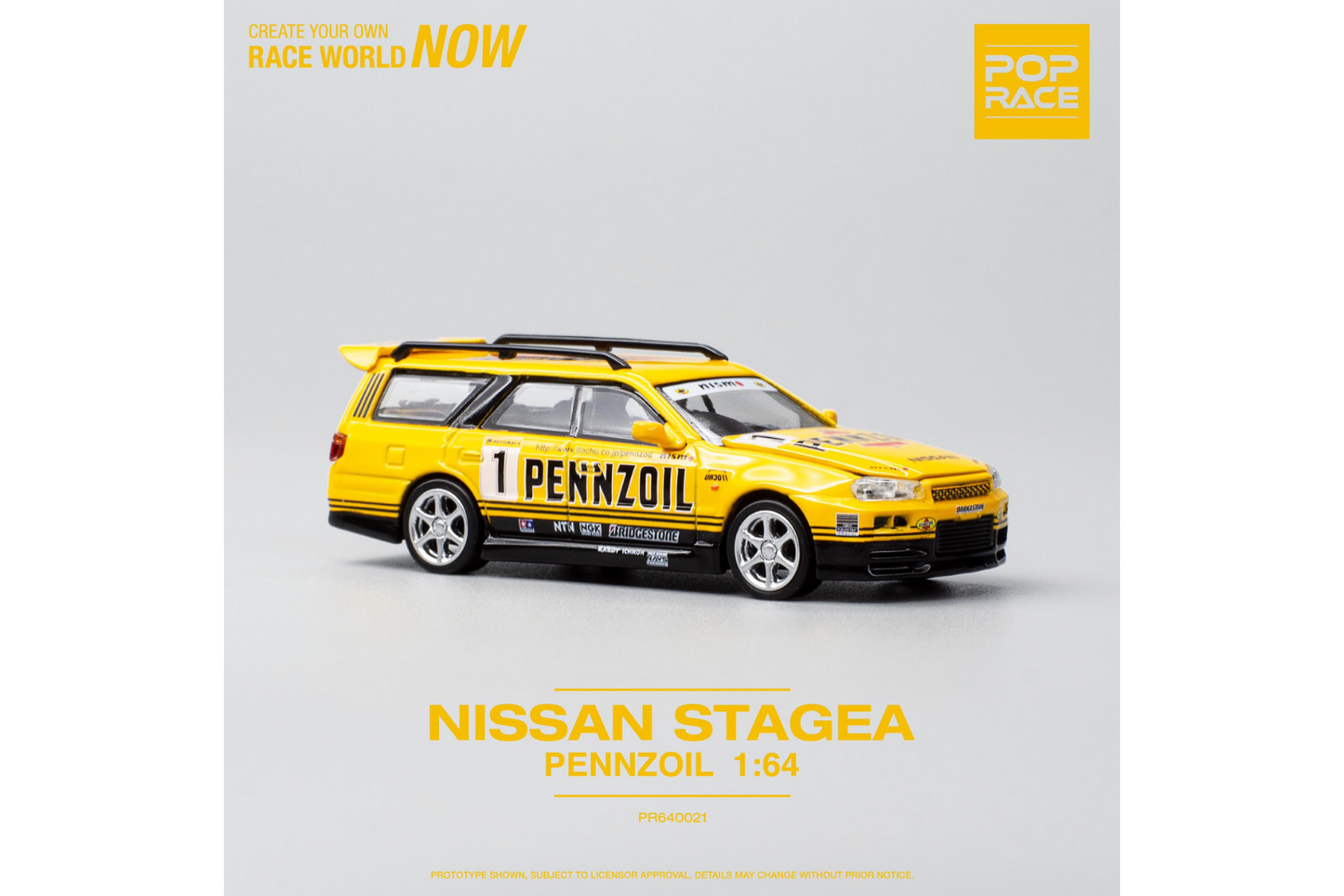 Pop Race 1/64 Nissan Stagea GT-R (R34) Wagon in Pennzoil Yellow Livery