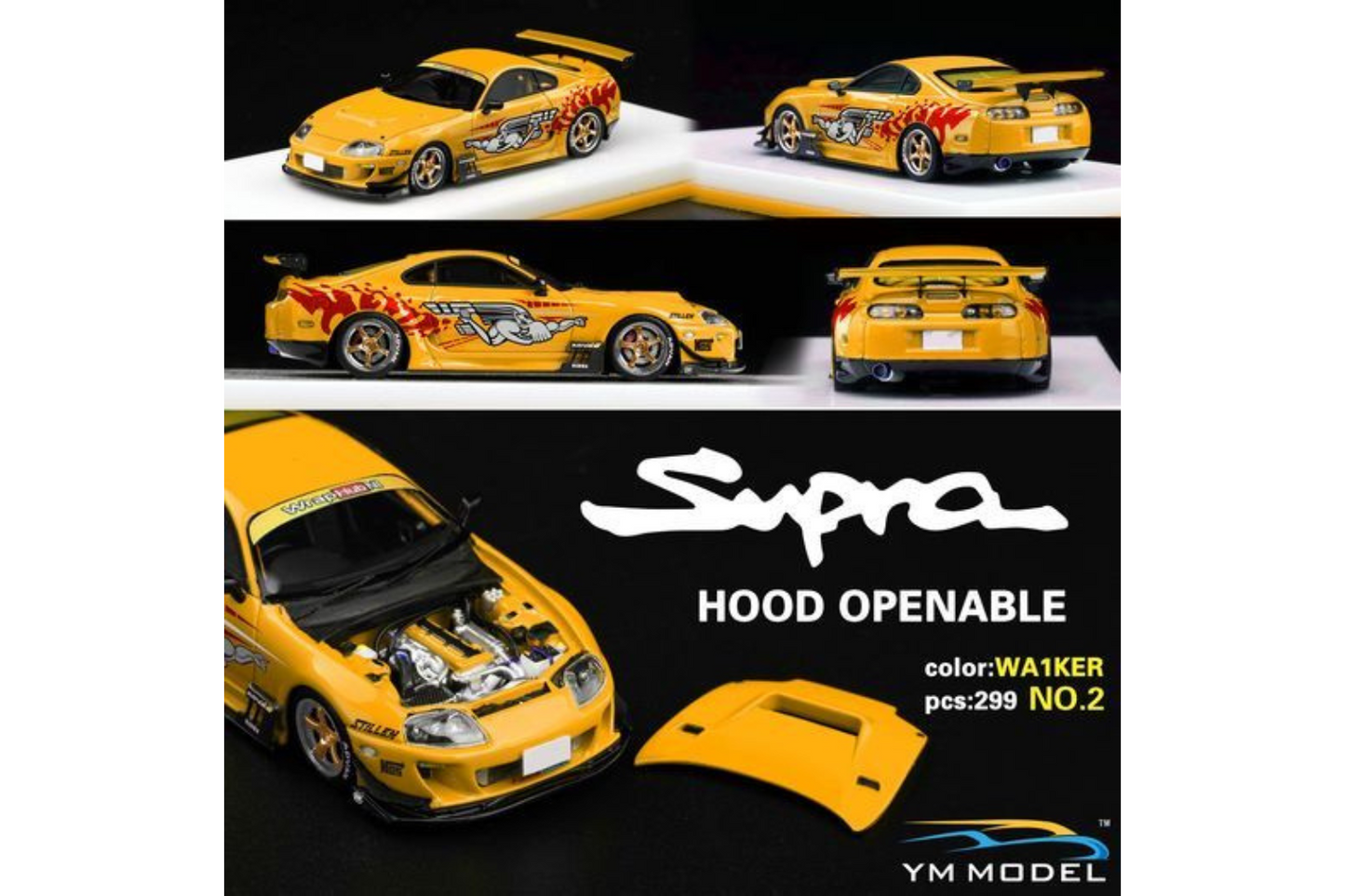 YM Model 1/64 Toyota Supra JZA80 Modified Version "RIDOX MAX ORIDO Aero" in Yellow Fast & Furious Tribute Livery