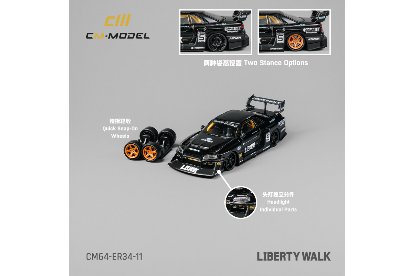 CM Model 1/64 Liberty Walk Nissan Skyline ER34 Super Silhouette #5 LBWK in  Black