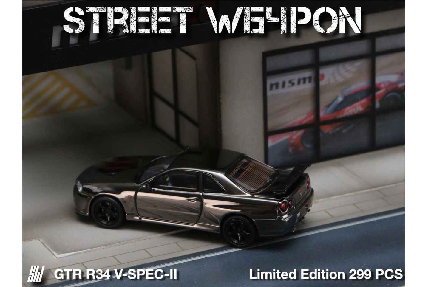 Street Weapon 1/64 Nissan Skyline GT-R V-Spec II (R34) in Dark Plated Chrome