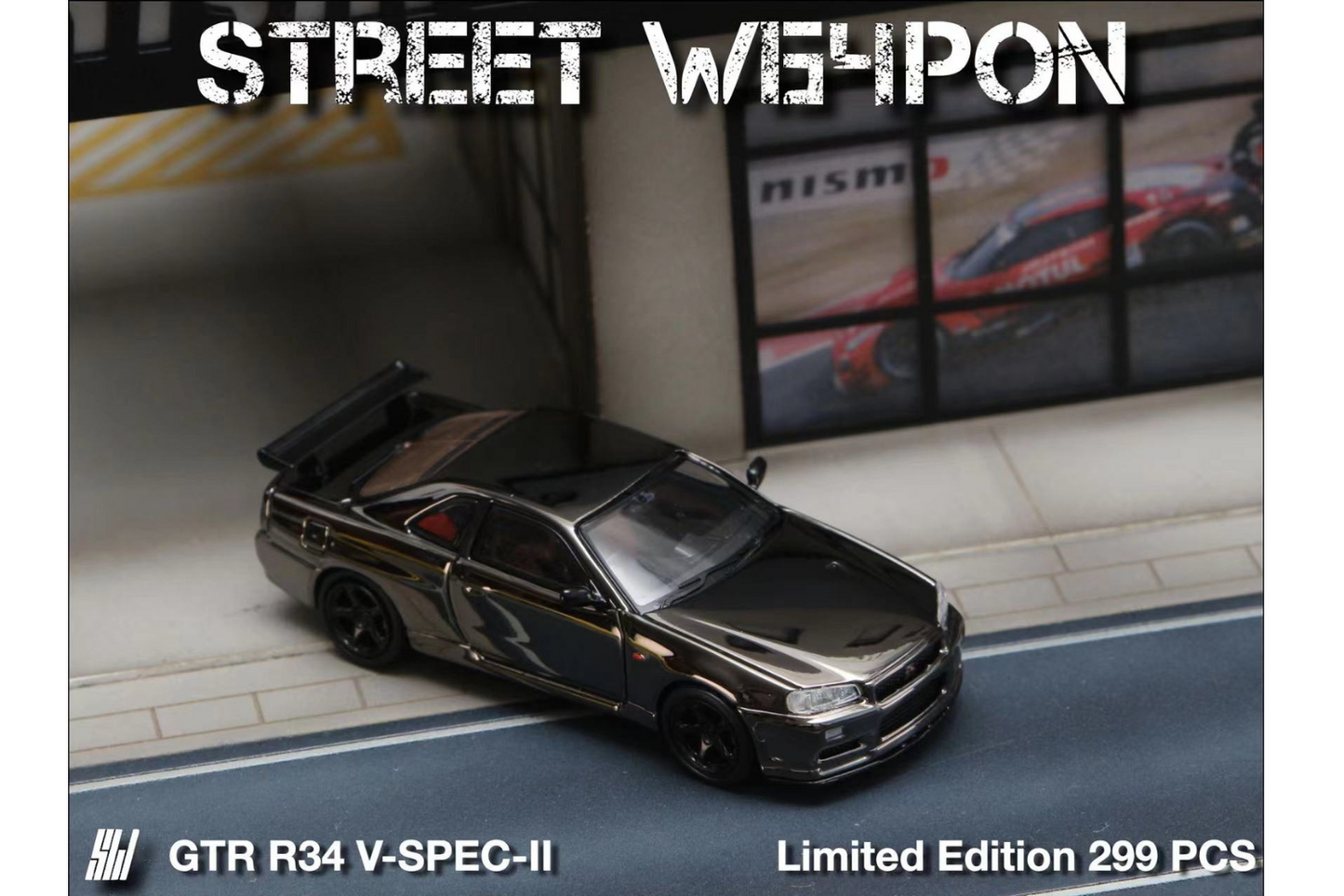 Street Weapon 1/64 Nissan Skyline GT-R V-Spec II (R34) in Dark Plated Chrome