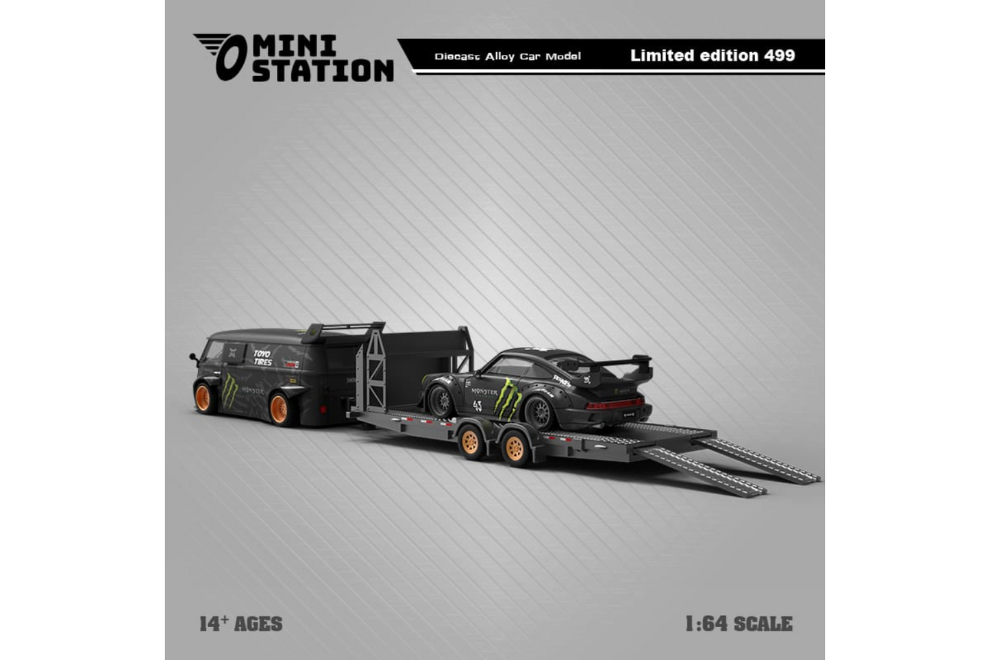 Mini Station 1/64 RWB VW T1 Van and Porsche 911 RWB964 Trailer Set in Monster Livery