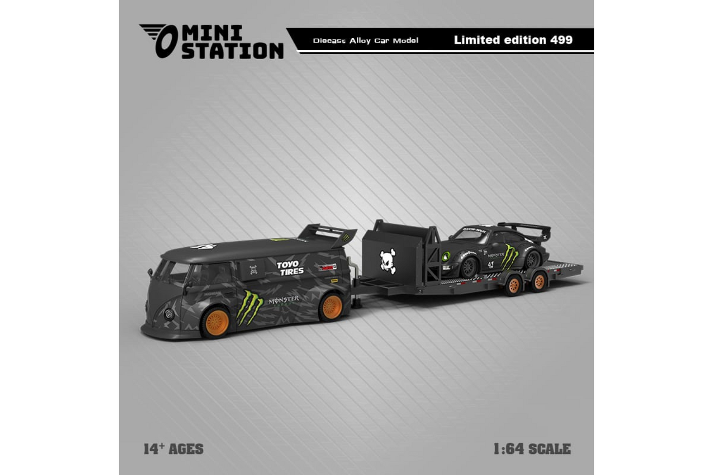 Mini Station 1/64 RWB VW T1 Van and Porsche 911 RWB964 Trailer Set in Monster Livery