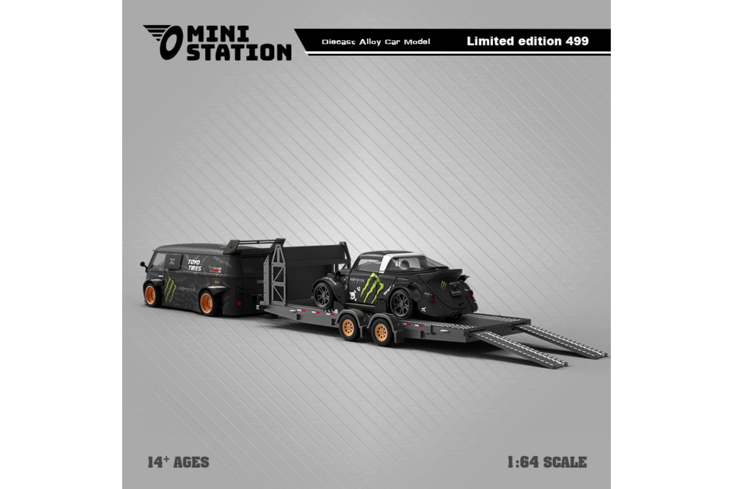 Mini Station 1/64 RWB VW T1 Van and RWB VW Beetle Targa Trailer Set in Monster Livery