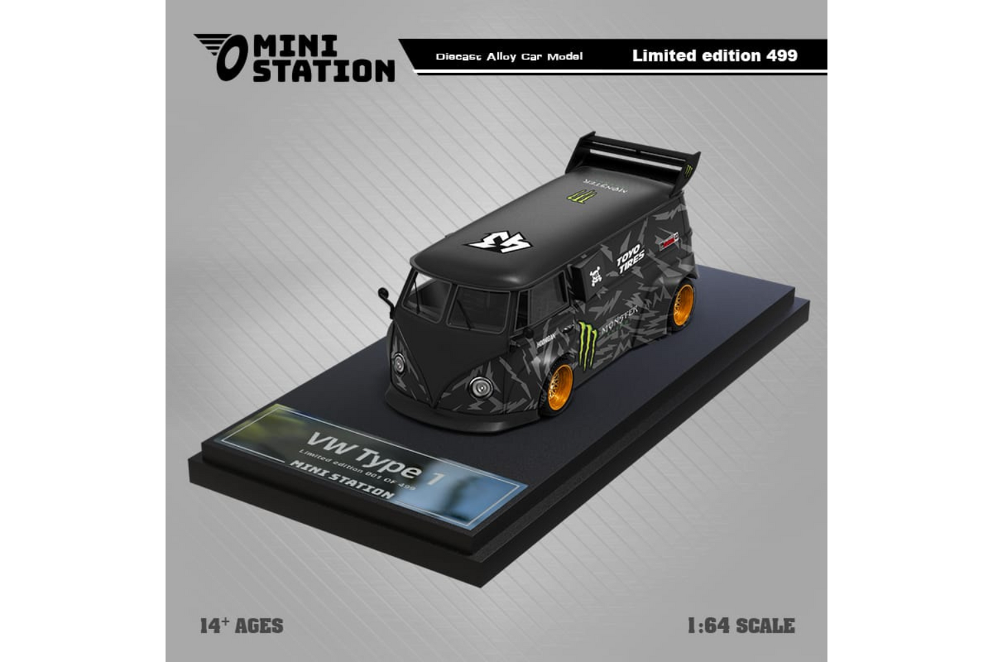 Mini Station 1/64 RWB VW T1 Van and RWB VW Beetle Targa Trailer Set in Monster Livery