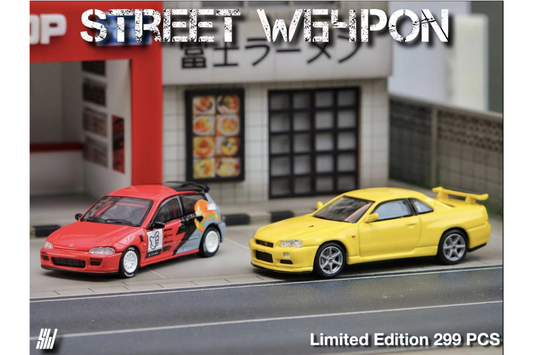 Street Weapon 1/64 Honda Civic EG6 in Knuckles Livery - Nissan Skyline GT-R (R34) V-Spec II in Yellow