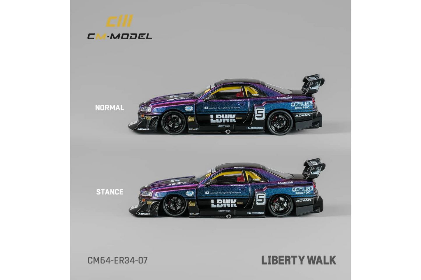 CM Model 1/64 Liberty Walk Nissan Skyline ER34 Super Silhouette #5 LBWK in Chameleon