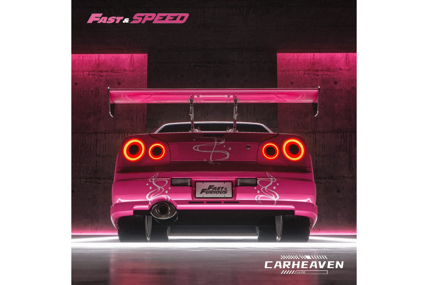 Fast Speed x Car Heaven 1/64 Nissan Skyline GT-R (R34) Z-Tune High Wing Edition Fast & Furious Pink Suki Livery