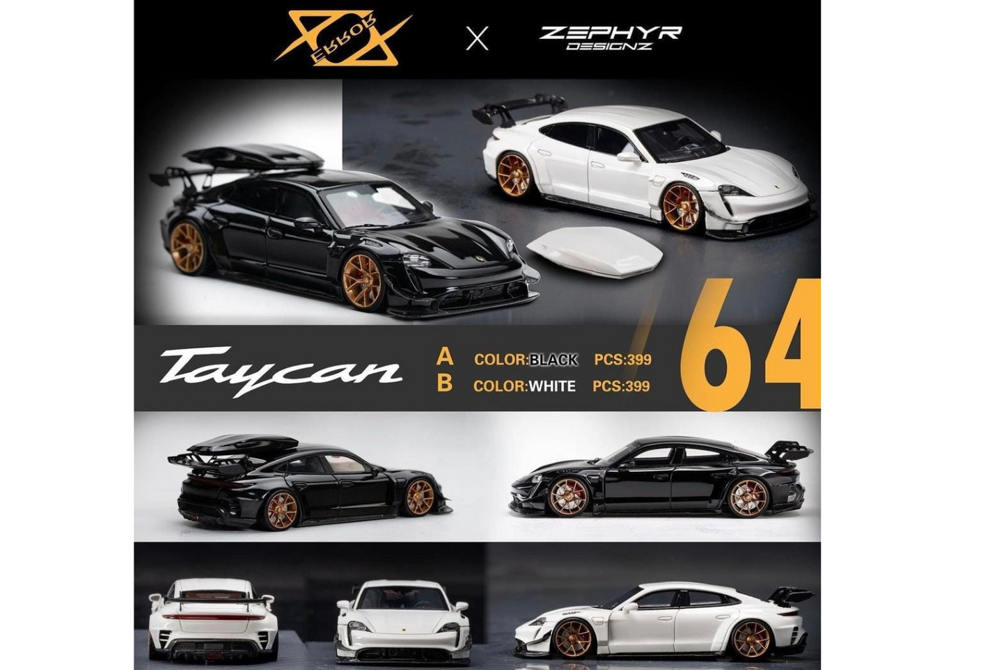 404 YMモデル 1/64 ポルシェ タイカン ゼファー ブラック Error 404 x Zephyr Designz 1/64 Porsche Taycan Wide Body