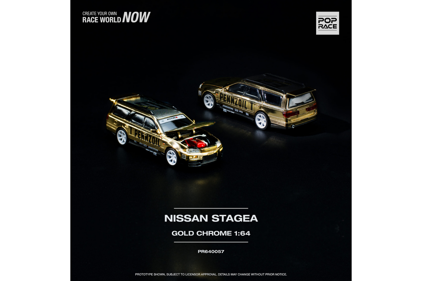 Pop Race 1/64 Nissan Stagea GT-R (R34) Wagon in Pennzoil Chrome Gold