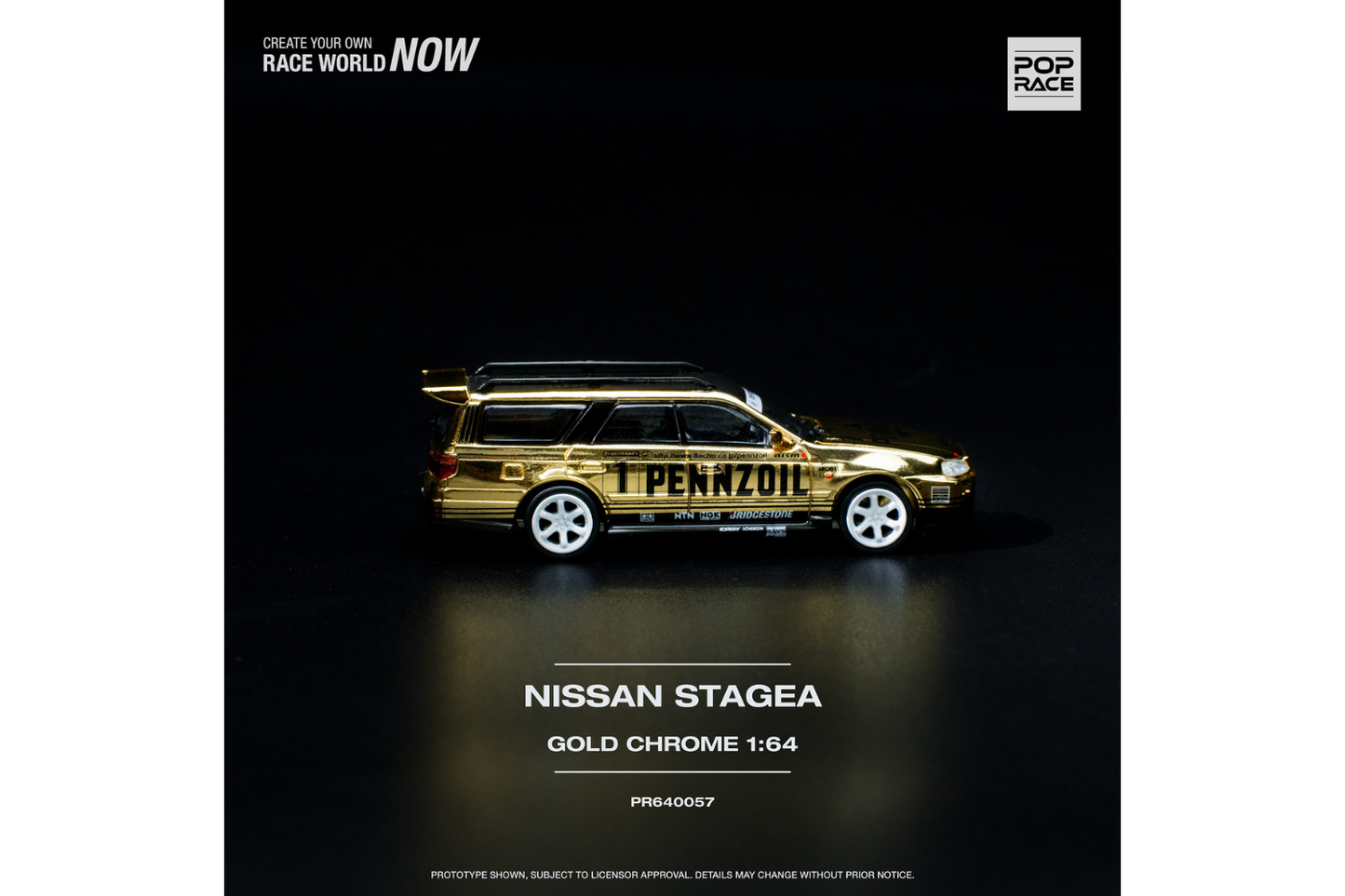 Pop Race 1/64 Nissan Stagea GT-R (R34) Wagon in Pennzoil Chrome Gold