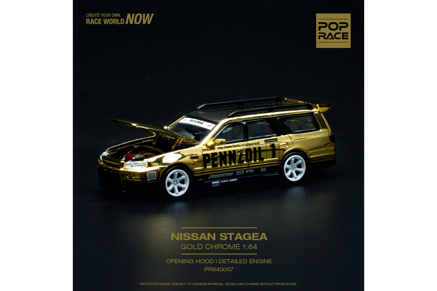 Pop Race 1/64 Nissan Stagea GT-R (R34) Wagon in Pennzoil Chrome Gold