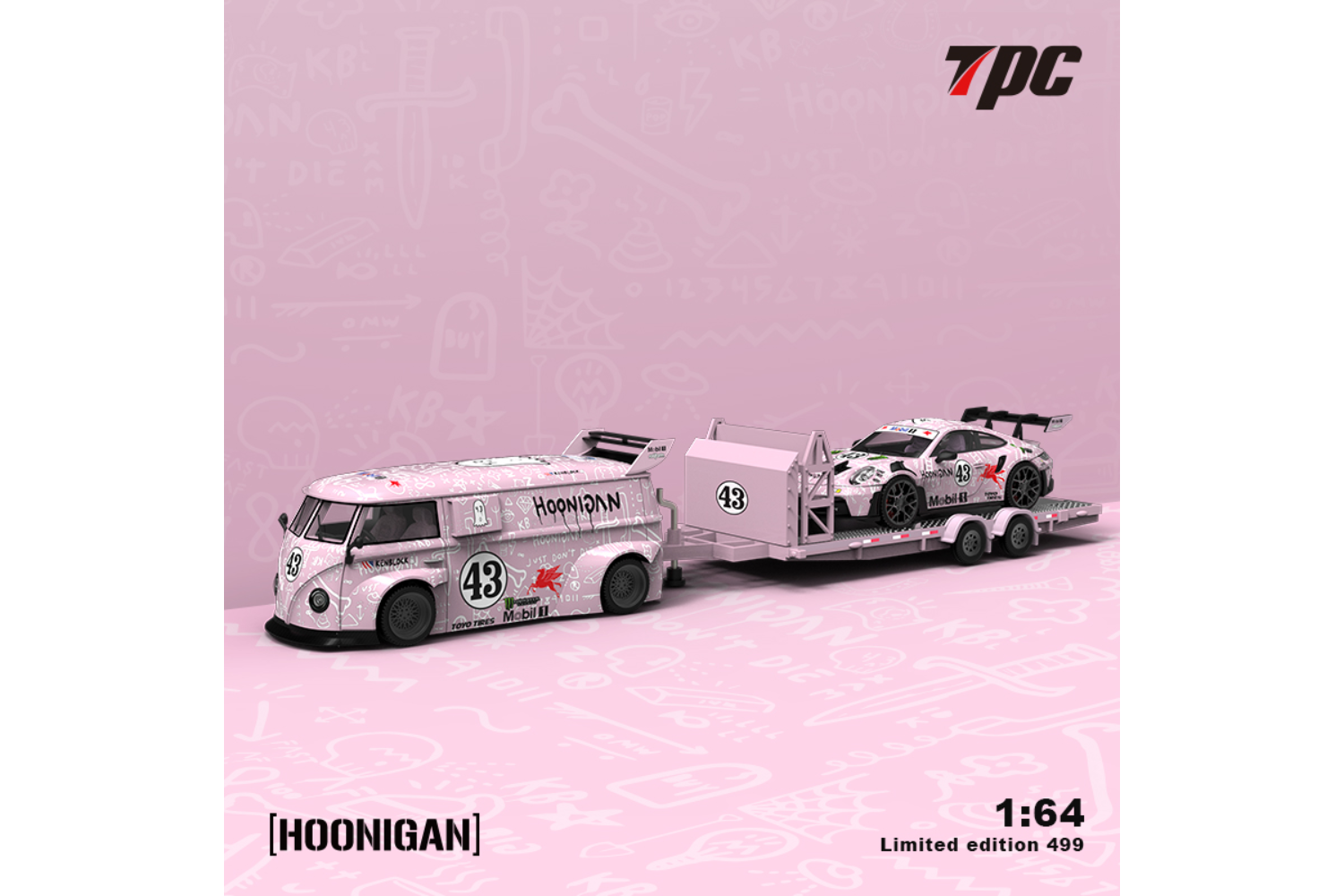 TPC 1/64 RWB VW T1 Van and Porsche 992 GT3 RS Trailer Set in Pink 