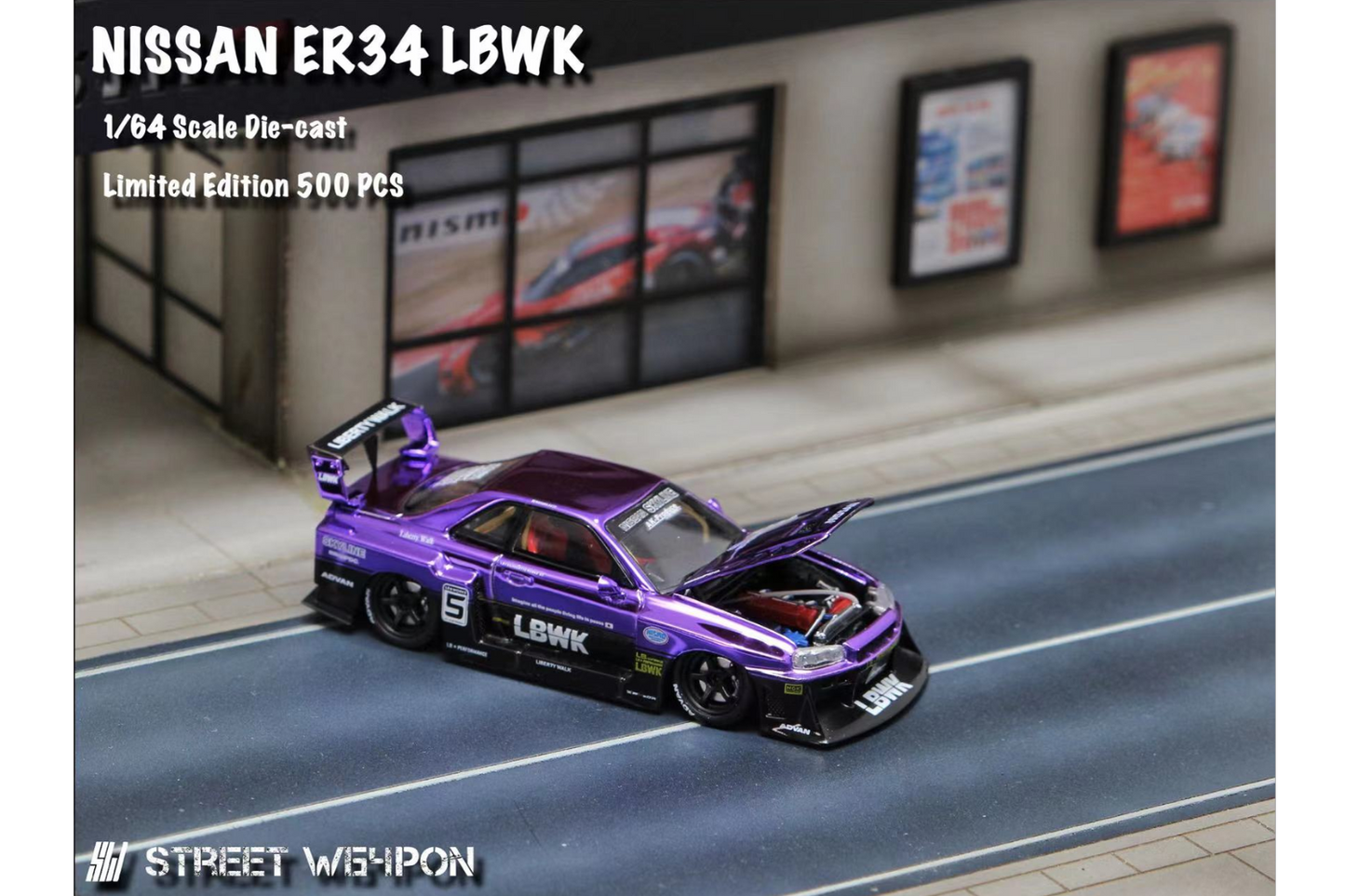 Street Weapon 1/64 Liberty Walk Nissan Skyline ER34 Super Silhouette in Chrome Purple