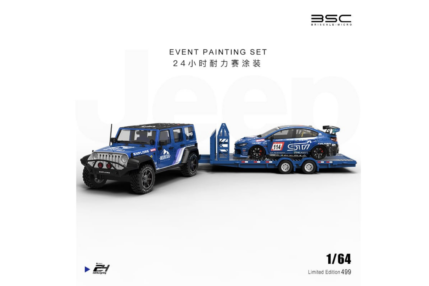 BSC 1/64 Subaru WRX STI - Jeep Wrangler - Trailer & Repairmen Set in Subaru Event Livery