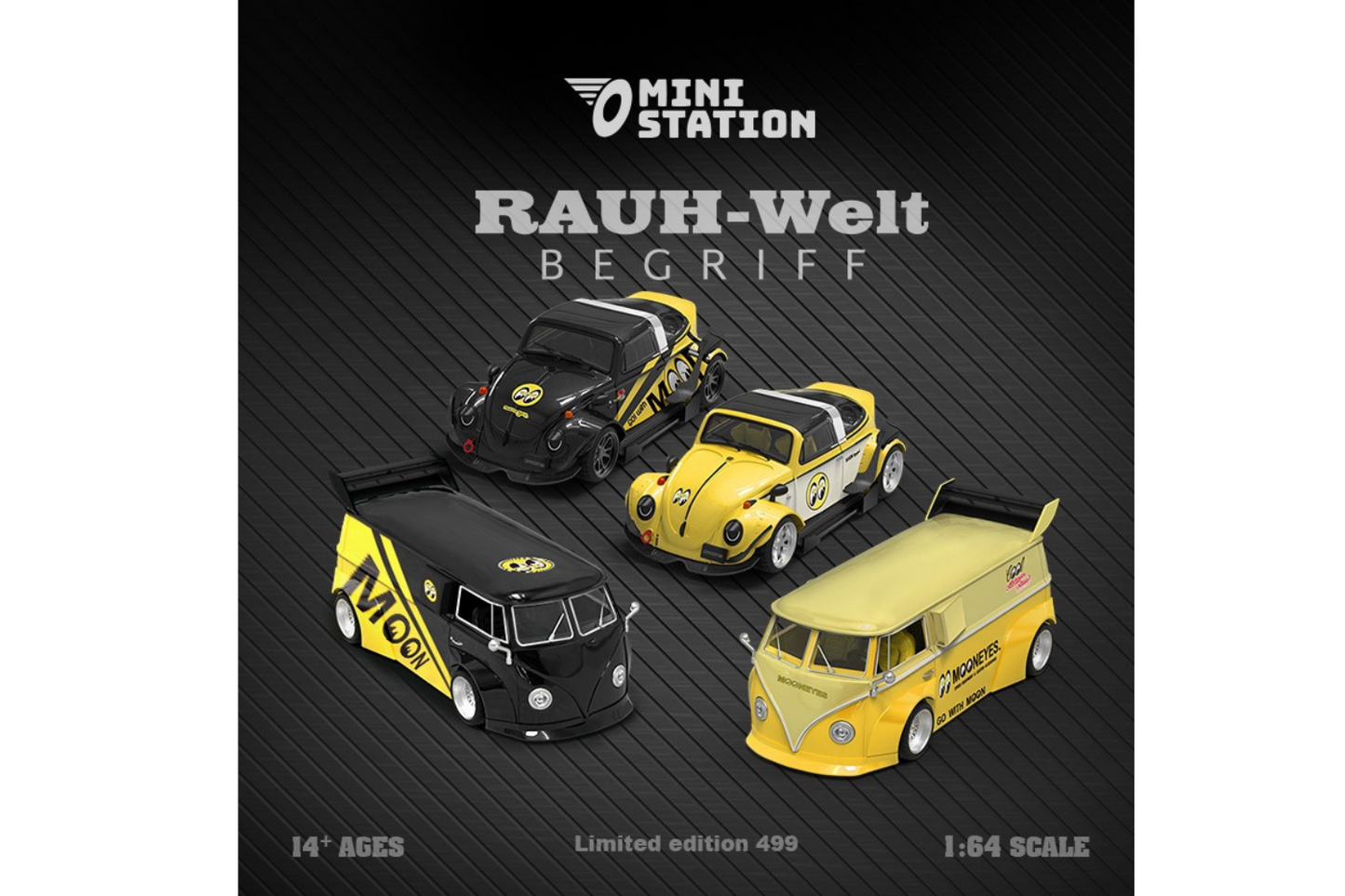 Mini Station 1/64 RWB VW T1 Van and RWB VW Beetle Targa Trailer Set in Mooneyes Livery