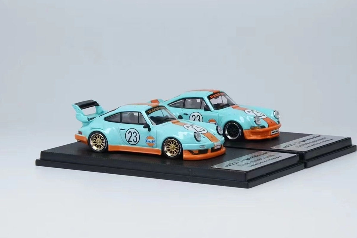 Model Collect 1/64 Porsche RWB930 High wing & RWB964 Duck Tail Two Car Set in Gulf Livery