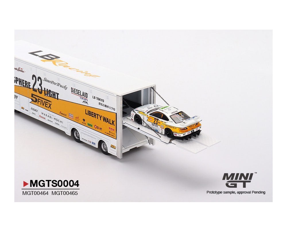 Mini GT LB Racing Transporter Set - Mercedes-Benz Actros Racing Transporter  With LB-Super Silhouette Nissan Silvia S15 Presentation