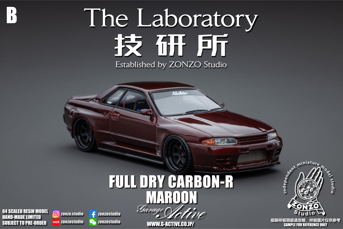 The Laboratory Established by ZONZO Studio 1/64 Nissan Skyline GT-R (R32) Garage Active Widebody - SEMA Version In Full Maroon Carbon
