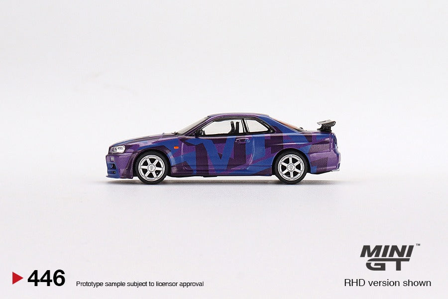 Mini GT Nissan GT-R (R34) V-Spec II in Digital Purple Camouflage 5 Year Anniversary Model